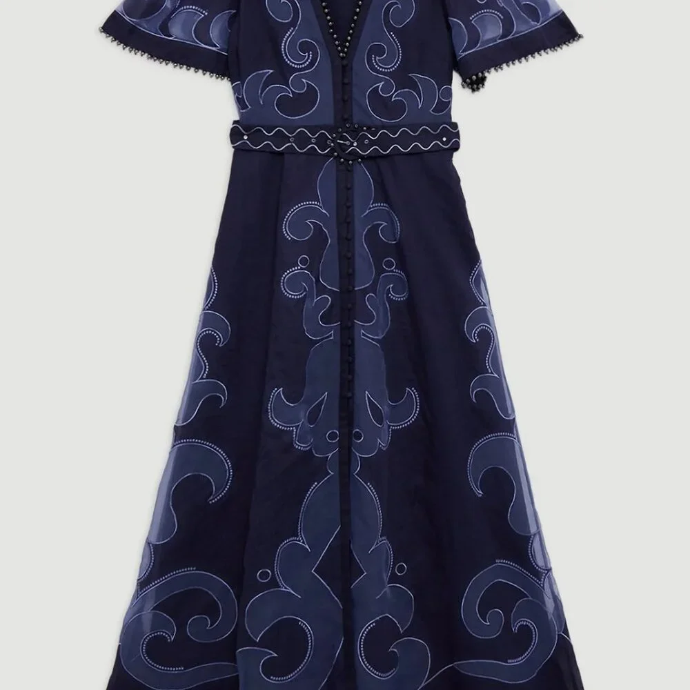 Karen Millen  Baroque Applique Linen Organdie Woven Maxi Dress - Picture 3 of 5
